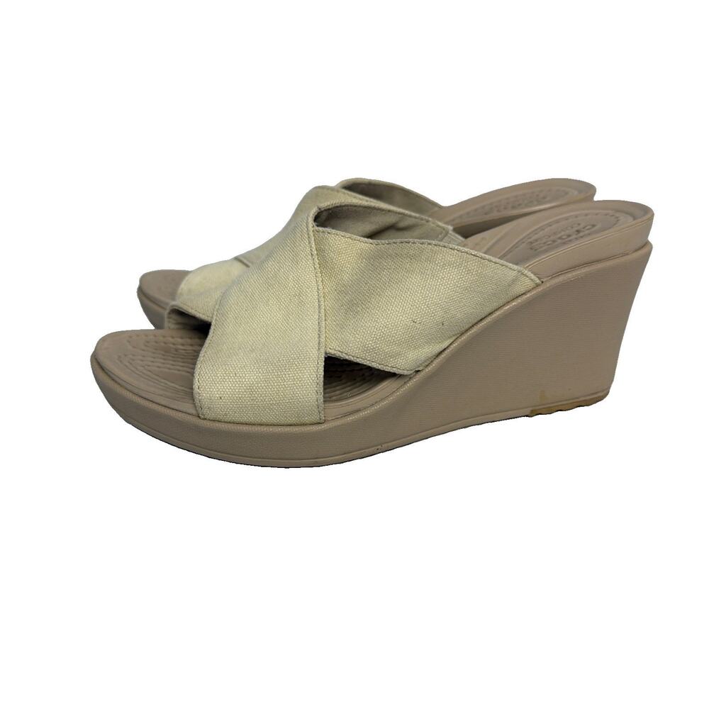 Crocs Leigh II Canvas Cross-Strap Wedge Sandals Beige Womens Size 6